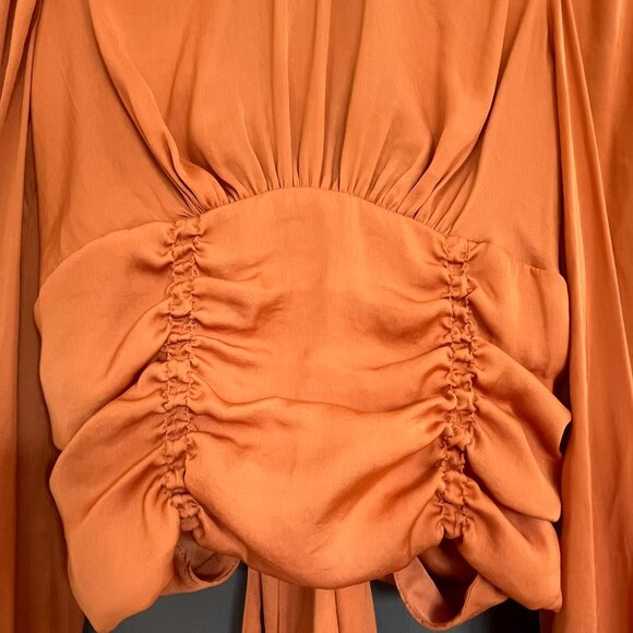 Free People Rust Orange Open Back Satin Top Blouse Tie High Neck XS Extra Small - Picture 7 of 14